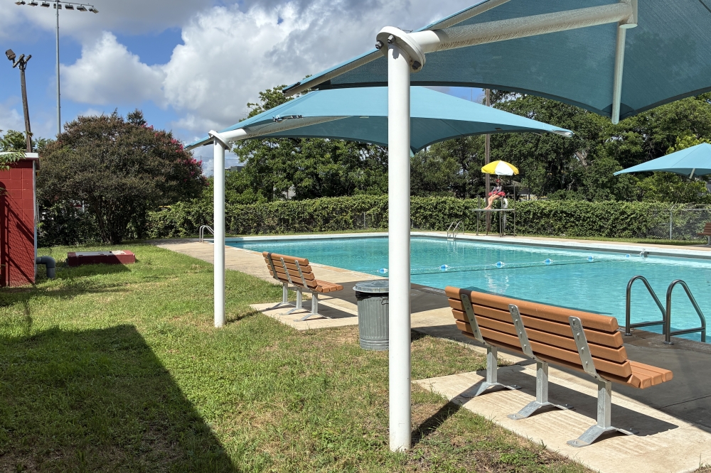 The pool at Parque Zaragoza, 2611 Webberville Rd. in East Austin. A two-room brick bathhouse to serve the pool, built in 1933, was first constructed in 1941 and renovated this spring. (Jessica McLaren/Community Impact)